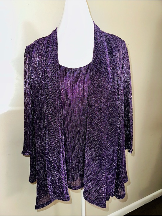dressbarn Sweaters - dressbarn Metallic Purple Open-Front Cardigan